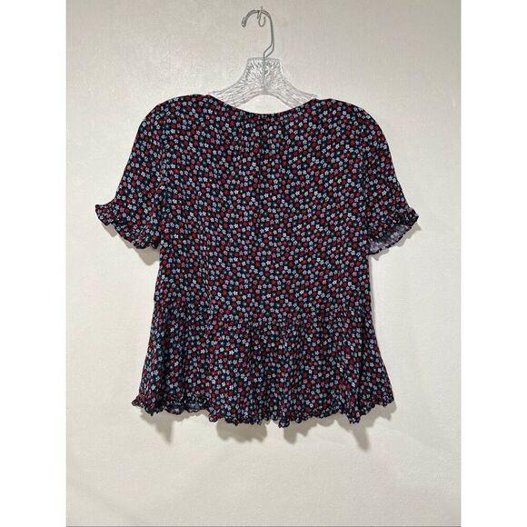 Madewell Women’s Small Black Red Floral Peplum Short Sleeve Ruffle Hem Blouse - Picture 2 of 4